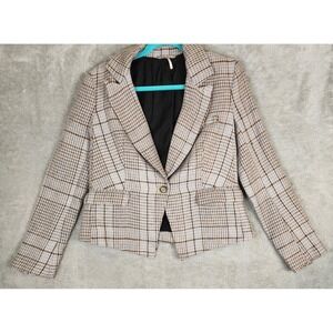 Free People Jacket Womens XS Blue Tan Chess Plaid One Button Linen Blazer